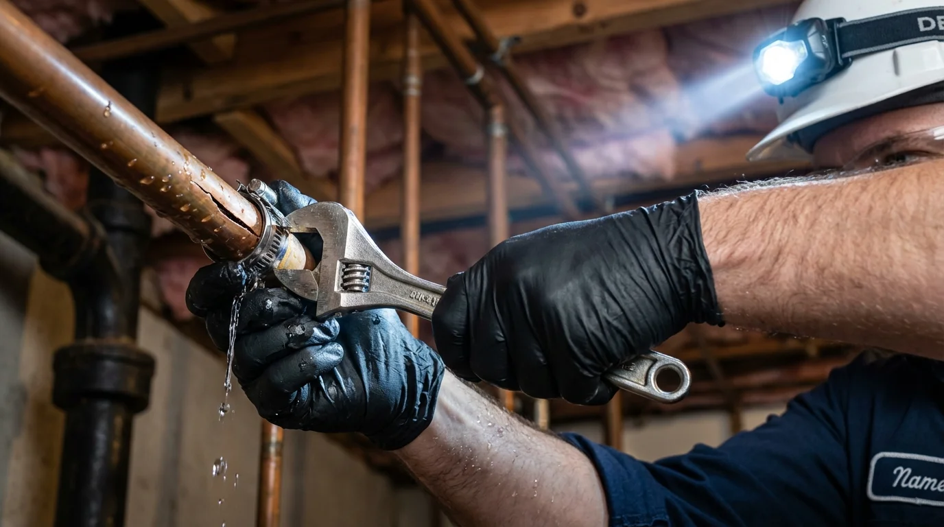 Emergency pipe clamp repair being performed by a Johns Plumbing LLC plumber in Saranac